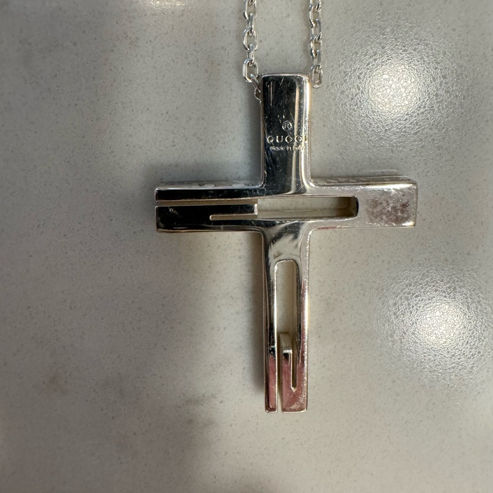 Gucci Silver Cross Necklace with Floral Pouch